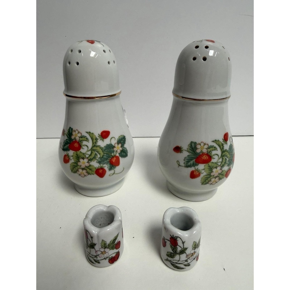 Vintage Avon Strawberry Sugar Shakers 22K gold Trim + German Toothpick Holders
